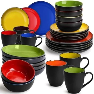 Afbeelding van MIAMIO 30 delig servies voor 6 personen/stenen geserveerde set inclusief randen, kommen en tegels geschikt Magnetron &amp; Vaatwasser Le PaPillon Collectie (gemengd)