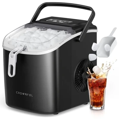 Afbeelding van CROWNFUL IJsblokjesmachine, draagbare zelfreinigende ijsblokjesmachine met handvat, schep en mand, 9 ijsblokjes in 6 minuten, 26 lb/24 uur, ideaal voor thuis, keuken, kantoor, bar, feest