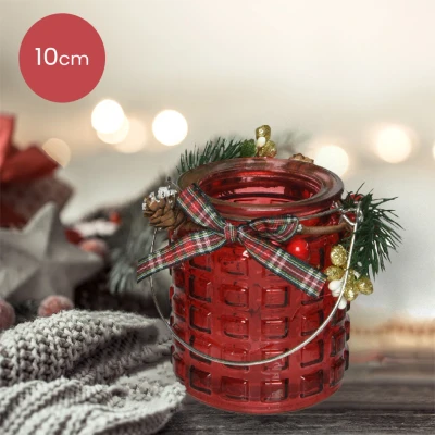 Afbeelding van Rode glazen waxinelichthouder met geblokt patroon en versiering Ø8 x 10 cm kerstdecoratie kerst luxe theelichthouder voor kaarsjes