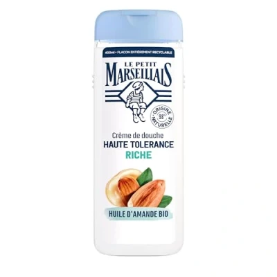 Image de Le Petit Marseillais Crème de douche Haute Tolérance Riche Huile d’Amande Bio (flacon 400 ml) 98% d&#039;ingrédients d&#039;origine naturelle Gel pour peaux très sèches et sensibles