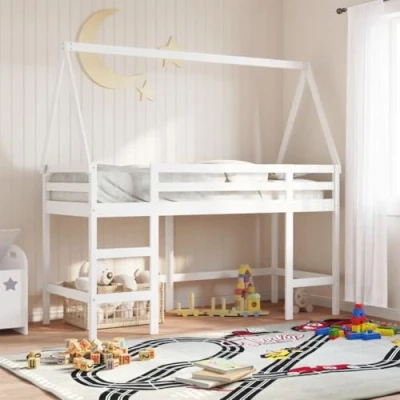Afbeelding van vidaXL Halfhoogslaper met ladder en bedhuis grenenhout wit 80x200 cm