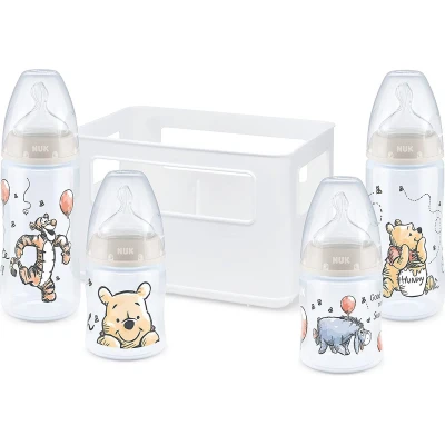Afbeelding van Starterset met NUK First Choice+ babyflessen 0 6 maanden 4 temperatuurcontrole en flessenkrat Antikrampjesventiel BPA vrij Disney Winnie the Pooh
