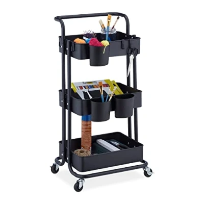Afbeelding van Relaxdays serveerwagen op wielen stalen keukenrolley zwart opbergtrolley smal