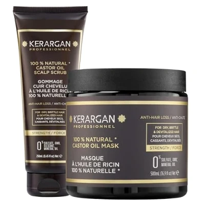 Image de Kerargan Duo Anti Chute Masque et Gommage à l&#039;Huile de Ricin Pour Cheveux Secs, Cassants Dévitalisés Renforce Favorise la Croissance Sans Sulfate, OGM Silicone 500ml + 250ml