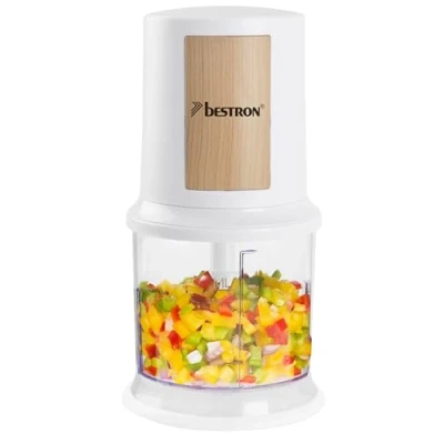 Image de Bestron AKC200NH Hachoir électrique universel avec deux lames de coupe et capacité 500 ml, grand bouton d&#039;impulsion, 3 000 tr/min, collection Nordic Home, couleur : blanc mat/bois