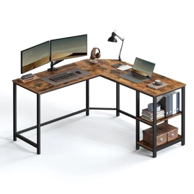 Afbeelding van VASAGLE LWD72X Bureau, L vormig hoekbureau, werkplek met planken, tafel, voor thuiskantoor, ruimtebesparend, eenvoudig te monteren, industrieel, bruin en zwart