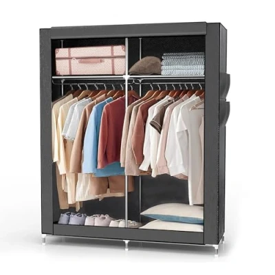 Afbeelding van INTIRILIFE Vouwkast 108x170x45 cm in asgrijs met ritssluiting stoffen kast kledingkast kledingstang, vakken en zijzak camping steekkast textiel garderobe