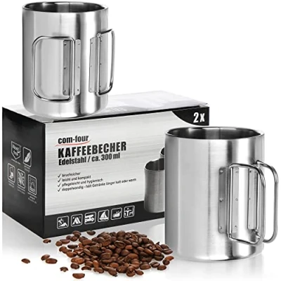 Afbeelding van 2 x roestvrijstalen koffiemokken, 300 ml per kop, thermodrinkbeker van roestvrij staal 304, met klaphandvat, dubbelwandige isolatiebeker, BPA vrij (zilverkleurig, ml, stuks)