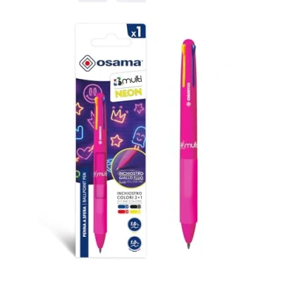 Afbeelding van OSAMA 4 Multi Neon 1,0 mm veelkleurige balpen, kleurrijke pennen kleuren gepersonaliseerde inkt zwart blauw rood en neongeel (Mina 1,6 mm), schrijfwaren school, kantoor, universiteit