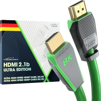 Afbeelding van KabelDirekt 8K HDMI 2.1 kabel, gamer gecertificeerde editie 3 m (8K @60Hz, Ultra High Speed/48G voor 10K, of 144Hz ultrasnel in 4K, optimaal PS5/Xbox en Gaming PC, monitor/tv, groen)