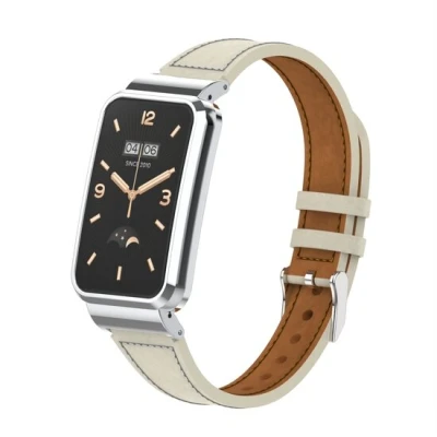 Afbeelding van Classic leren bandje met case Roomwit Xiaomi Smart band 7 Pro