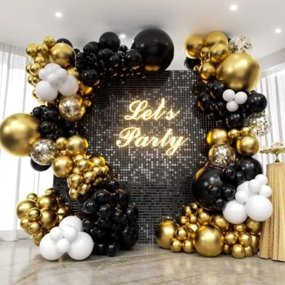 Afbeelding van Zwarte en gouden ballonnenboogset, zwart ballonnenboogslinger met zwarte, witte ballonslinger voor verjaardagsfeest, afstudeerfeest, bruiloft,
