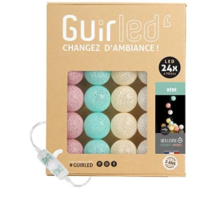 Afbeelding van GuirLED Lichtketting met bolletjes van katoen, USB, 2 uur nachtlampje voor baby&#039;s, incl. A dubbele USB adapter, 3 intensiteiten, 24 bolletjes, 2,4m, Bébé