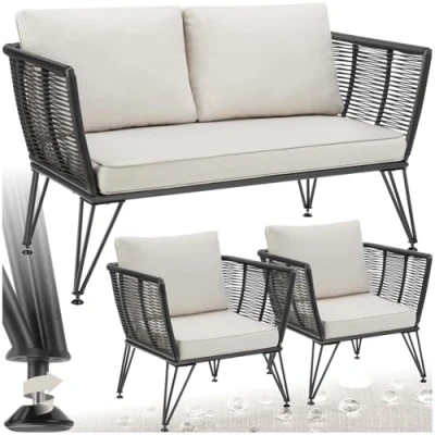 Afbeelding van tectake® rotan loungeset buitenmeubelset met bank en 2 fauteuils weerbestendige kussens ideaal als tuin , balkon of wintertuinmeubilair stijlvolle comfortabele loungemeubelen.
