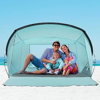 Afbeelding van OutdoorMaster Strandtent voor 3 4 personen, eenvoudige installatie en draagbaar, strandzonwering met uv bescherming UPF 50+, afneembaar dakraam, gezinsmaat, lichtgroen