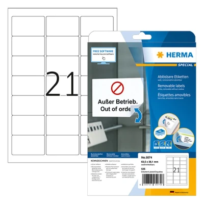 Image de Herma Special 5074 étiquettes d&#039;adresse amovibles A4 63,5 x 38,1 mm (525 étiquettes) blanc
