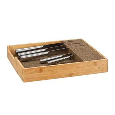 Afbeelding van Relaxdays messenhouder hout messenblok bamboe lade organizer messen opbergen kurk XL