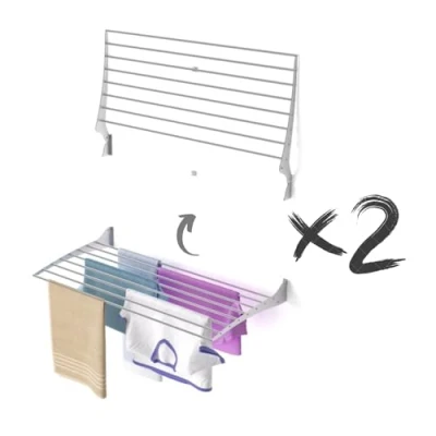 Afbeelding van foxydry Fold Droogrek voor aan de muur, uittrekbaar, verticaal, opvouwbaar, binnen en buiten, van aluminium staal (grijs, sluiting bovenaan, 2 x 100)