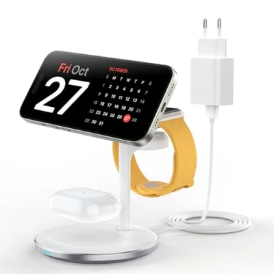 Afbeelding van DEESOOCO Mag Safe 3 in 1 inductief laadstation voor meerdere apparaten, 15 W snellaadstation iPhone 14, iWatch Ultra 2/1/Series 9/8, AirPods, wit