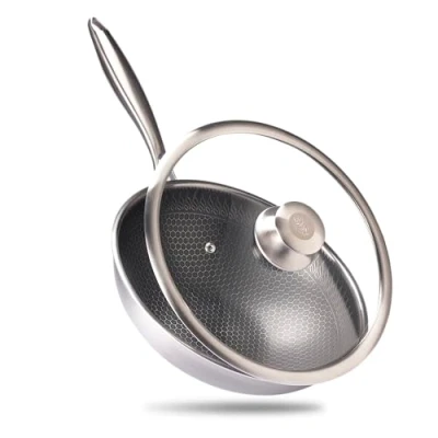 Afbeelding van REISHUNGER Premium roestvrijstalen wok 28 cm diameter met glazen deksel voor alle soorten kookplaten, geschikt inductie Honingraatstructuur antiaanbaklaag Vaatwasmachinebestendig, ovenbestendig