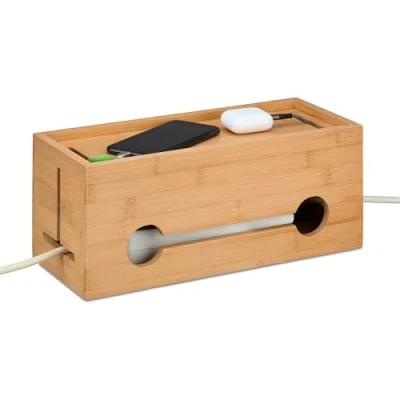 Afbeelding van Relaxdays kabelbox voor 2 stekkerdozen bamboe 14 x 34,5 cm