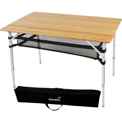 Afbeelding van Skandika Tolja Kampeertafel van Bamboe Campingtafels Opvouwbare tafel met opbergnet Klaptafel voor camping, tuin, balkon Weerbestendig, UV bestendig in 3 standen hoogte verstelbaar Draaglast 80 kg 100x65x65 cm (LxBxH)