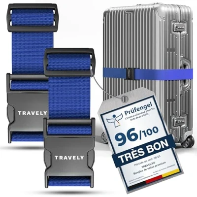Afbeelding van Travely® Set van 2 hoogwaardige kofferriemen, bijzonder zichtbaar en veilig, met naamlabels, ideale kofferriem aan het kruis, Marineblauw