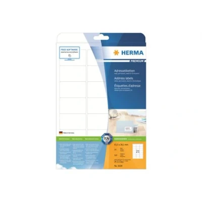 Afbeelding van HERMA 5029 Adresetiketten 63,5 x 38,1 mm, 21 per DIN A4 vel, 16800 stuks, zelfklevend, bedrukbaar, mat, blanco wit papier