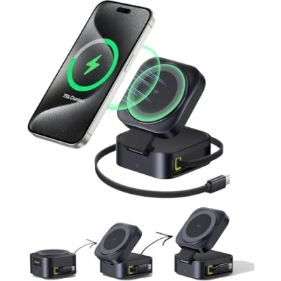 Afbeelding van Baseus PicoGo 2 in 1 laadstation, Qi2 gecertificeerd, 15 W, Magsafe voor iPhone 16, 15, 14, 13, AirPods, opvouwbaar, met 67 W intrekbare USB C kabel, MacBook Pro/Air (zonder voeding)