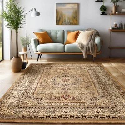 Afbeelding van Laagpolig tapijt, oosters design, beige 240 x 340 cm, oosterse stijl, woonkamertapijt