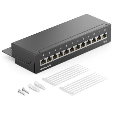 Afbeelding van deleyCON CAT6 patchpaneel, 12 poorten, kantoor en wandmontage, afgeschermd, x RJ45, TIA568A TIA568B, zwart
