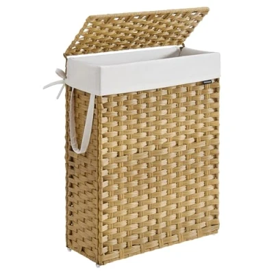 Afbeelding van SONGMICS LCB164N01 Wasmand van synthetisch rotan met deksel en handgrepen, opvouwbaar, afneembare voering, voor dekens, kleding, wasruimte, ganzengeel