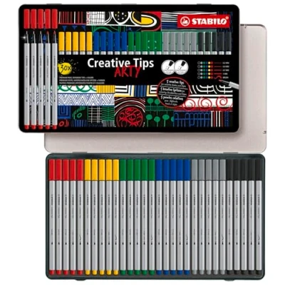 Afbeelding van STABILO Creative Tips CLASSIC Pennenset Met diverse puntdiktes ARTY Etui 30 stuks 6 Verschillende Kleuren