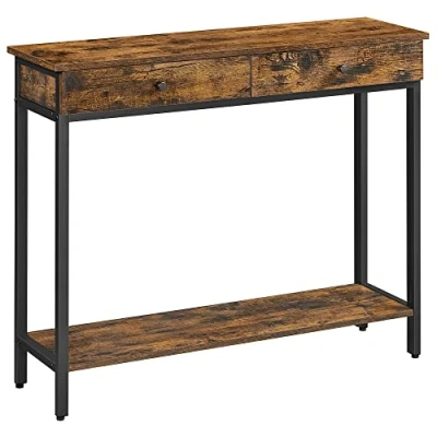 Afbeelding van Console Tafel met Stalen Frame en 2 Laden Vintage Bruin Zwart.