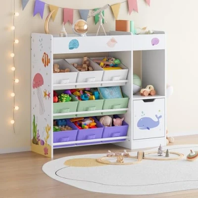 Afbeelding van [en.casa] Étagère Enfant avec 9 Boîtes de Rangement et Armoire Meuble Stockage Bibliothèque Motif Aqua Dream Panneau Particules Polyester Métal 80 x 90 30 cm Blanc Vert Violet