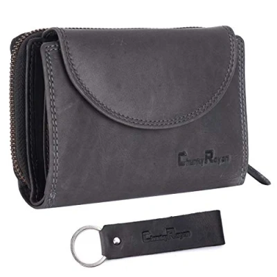 Afbeelding van Chunkyrayan Hoogwaardige damesportemonnee van echt leer, RFID bescherming, vintage, met sleutelhanger, grijs., Vintage