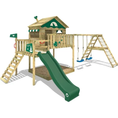 Afbeelding van WICKEY speeltoestel klimtoestel Smart Ocean met schommel &amp; groene glijbaan, outdoor klimtoren voor kinderen zandbak, ladder speelaccessoires de tuin