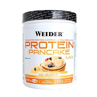 Afbeelding van Weider Protein Pannenkoekenmix (600 g) Bananensmaak. Bereiding voor eiwitpannenkoeken met havermout, 31% lactoserumeiwit, ei en melk, suikerarm, verpakking 100% gerecycled recyclebaar