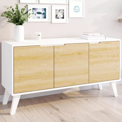 Image de Buffet bas scandinave FINN blanc 3 portes façon hêtre 113 cm