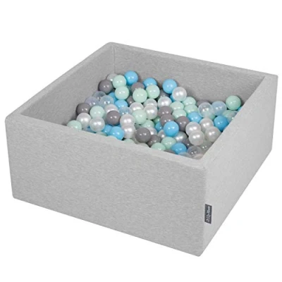 Afbeelding van KiddyMoon Ballenbad 90x40 cm 200 ballen Ø 7 met kleurrijke ballen, hoekig, lichtgrijs/parelgrijs/transparant/babyblauw/mint