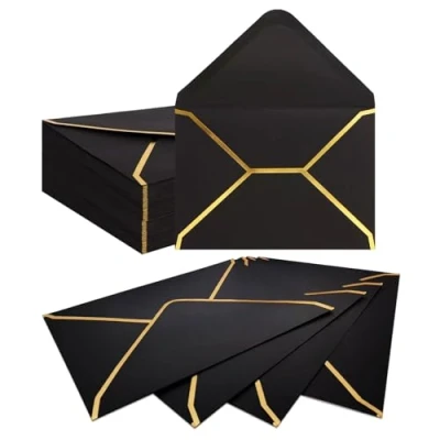 Afbeelding van 50 stuks zwarte luxe papieren enveloppen, 13,5 x 18,5 cm, uitnodiging, brief, geschikt voor bruiloft, verjaardag, feest, afstudeerfeest