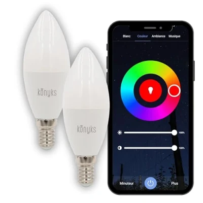 Afbeelding van Konyks Antalya Easy E14 Smart gloeilampen, 2 stuks, 5 W, WLAN, Bluetooth, 350 lumen, kleuren + wit, verstelbaar, compatibel met Alexa of Google Home, eenvoudige automatisering