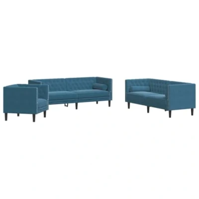 Afbeelding van vidaXL 3 delige Loungeset Chesterfield met bolsters fluweel blauw