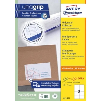 Afbeelding van Avery Zweckform 3427, Universele etiketten, Ultragrip, wit, 200 vel, 8 per 105 x 74 mm etiket