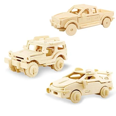 Afbeelding van Georgie Porgy Bouwsets van hout, 3D puzzel, decoupeerzaag, houten modelbouw voor kinderen, speelgoed, 3 stuks (Jeep Auto pickup)