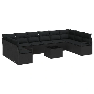 Afbeelding van vidaXL 11 delige tuinsofa set met kussens Beige Poly Rattan, 2 persoons Zwart Rattan