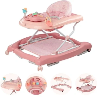 Afbeelding van BRONEA® 5 in 1 Loopstoeltje voor baby&#039;s Babywalker met schommelfunctie, muziek &amp; licht Afneembaar speelpaneel Loopstoel hoogte verstelbaar inklapbaar Roze
