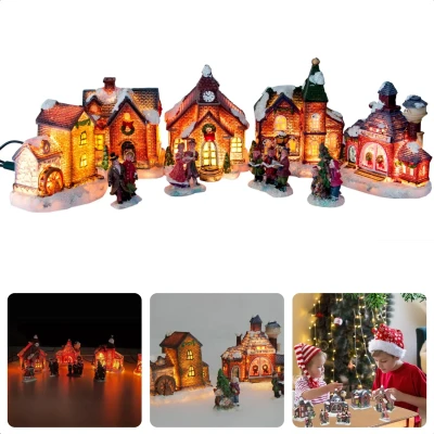 Afbeelding van Cheqo® Verlicht Kerstdorpen Kerstdorp Kersttafereel Polystone Miniatuur Set 9 delig met Figuurtjes 230V