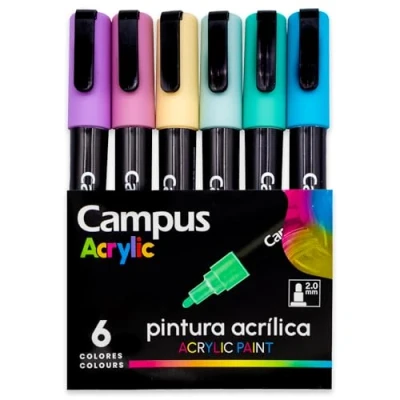 Afbeelding van Campus Set van 6 acrylstiften met ronde punt, 2 mm, niet permanente kleurmarkers op waterbasis, acrylstiften, ondoorzichtig, sneldrogend (6 pastelkleuren)