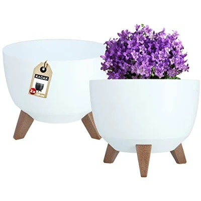 Afbeelding van KADAX Ronde bloempot van kunststof met drie steekhouders, voor balkon, woonkamer, diameter 2 x 29 cm, wit